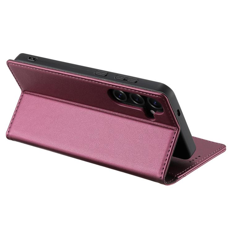 Funda de cuero con tapa magnética N.BEKUS P3 con costuras RFID para Samsung Galaxy S25 FE 5G (rojo vino)
