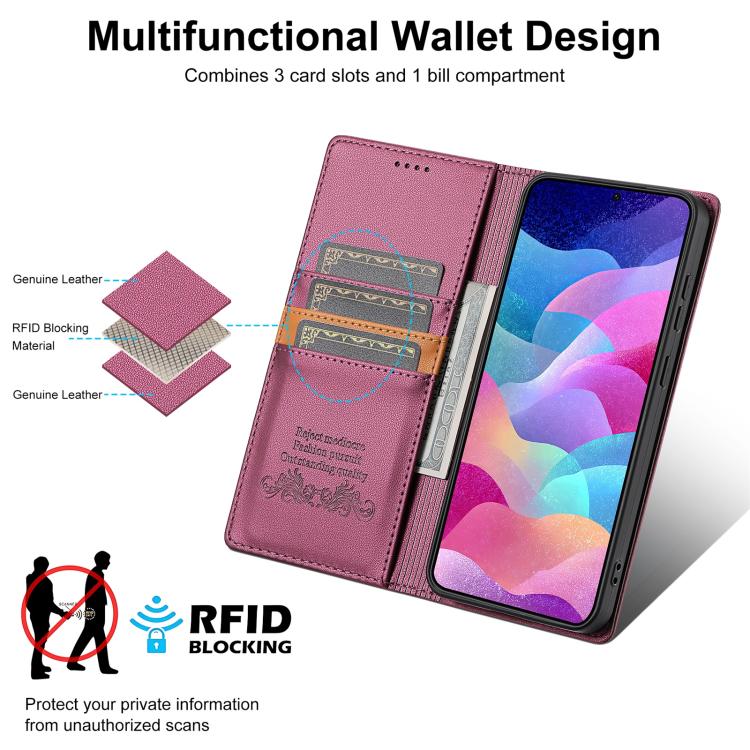 Funda de cuero con tapa magnética N.BEKUS P3 con costuras RFID para Samsung Galaxy S25 FE 5G (rojo vino)