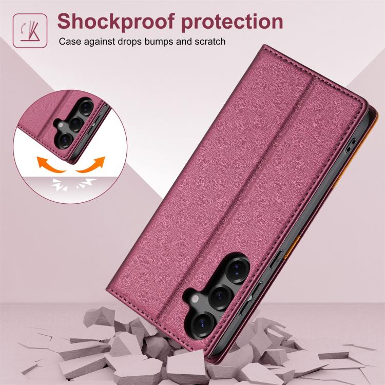 Funda de cuero con tapa magnética N.BEKUS P3 con costuras RFID para Samsung Galaxy S25 FE 5G (rojo vino)