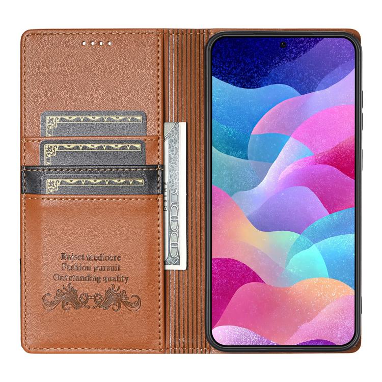 Funda de cuero con tapa magnética y costuras RFID para Samsung Galaxy S25 FE 5G N.BEKUS P3 (marrón)
