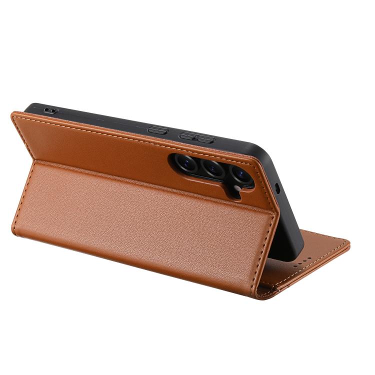 Funda de cuero con tapa magnética y costuras RFID para Samsung Galaxy S25 FE 5G N.BEKUS P3 (marrón)