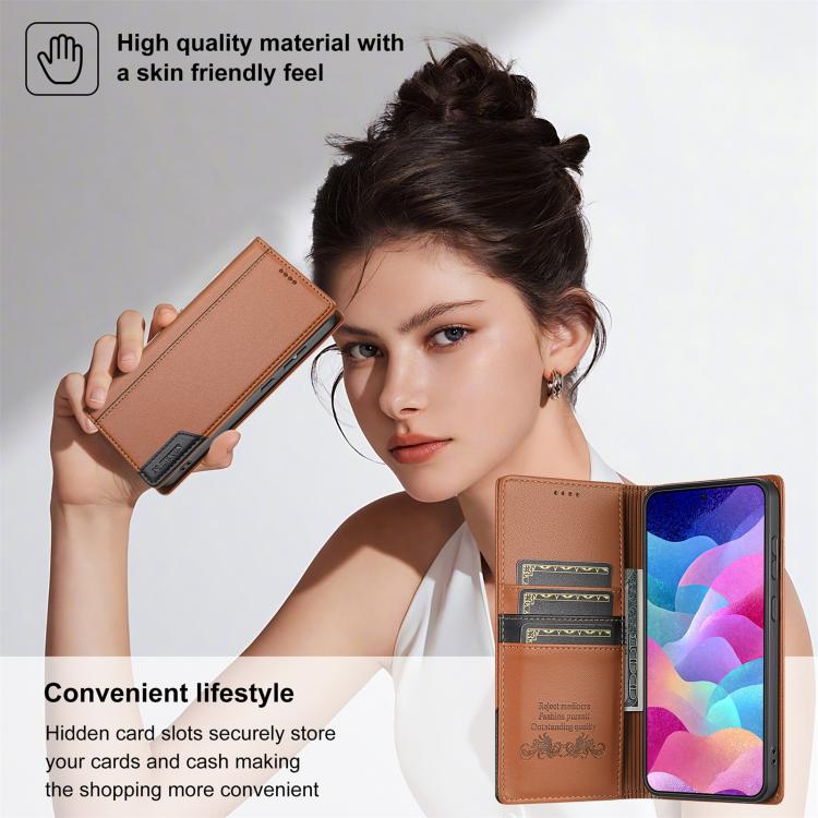 Funda de cuero con tapa magnética y costuras RFID para Samsung Galaxy S25 FE 5G N.BEKUS P3 (marrón)