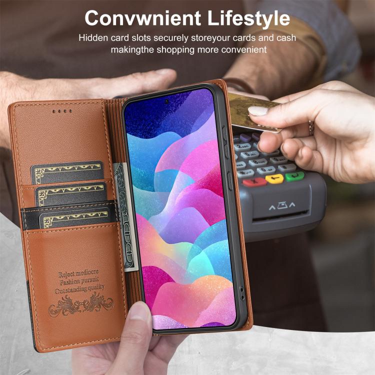 Funda de cuero con tapa magnética y costuras RFID para Samsung Galaxy S25 FE 5G N.BEKUS P3 (marrón)