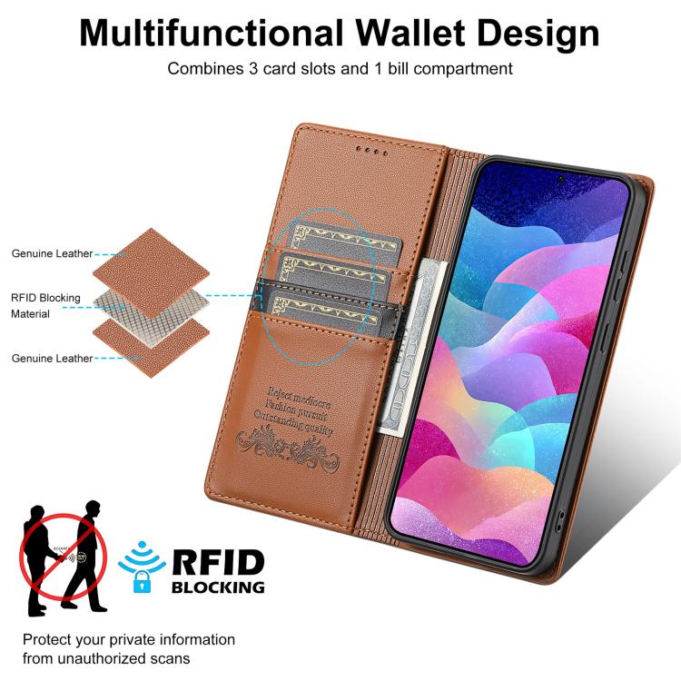 Funda de cuero con tapa magnética y costuras RFID para Samsung Galaxy S25 FE 5G N.BEKUS P3 (marrón)