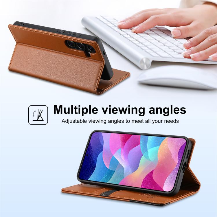 Funda de cuero con tapa magnética y costuras RFID para Samsung Galaxy S25 FE 5G N.BEKUS P3 (marrón)