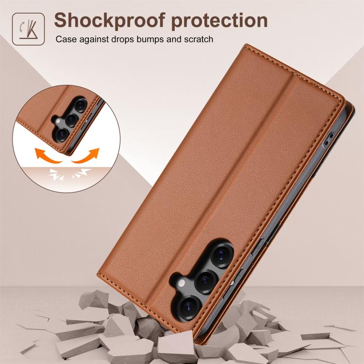 Funda de cuero con tapa magnética y costuras RFID para Samsung Galaxy S25 FE 5G N.BEKUS P3 (marrón)