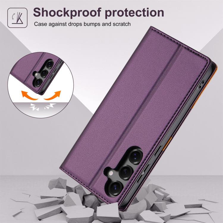 Funda de cuero con tapa magnética y costuras RFID para Samsung Galaxy S24 5G N.BEKUS P3 (morado)