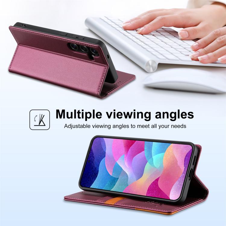 Funda de cuero con tapa magnética y costuras RFID para Samsung Galaxy S24 5G N.BEKUS P3 (rojo vino)