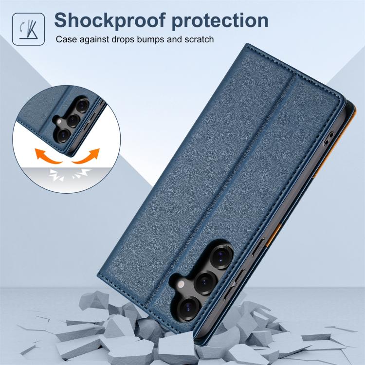 Funda de cuero con tapa magnética y costuras RFID para Samsung Galaxy S24 FE 5G N.BEKUS P3 (azul)