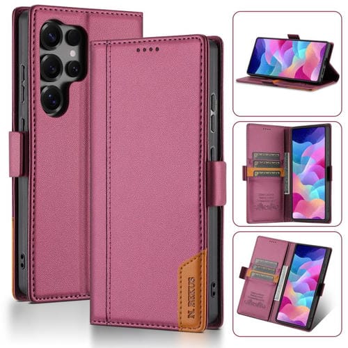 Funda de cuero con tapa magnética N.BEKUS P3 con costuras RFID para Samsung Galaxy S25 Ultra 5G (rojo vino)