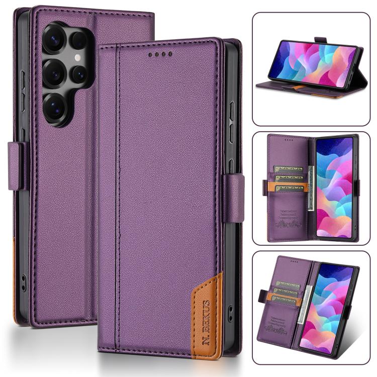Funda de cuero con tapa magnética y costuras RFID para Samsung Galaxy S24 Ultra 5G N.BEKUS P3 (morado)