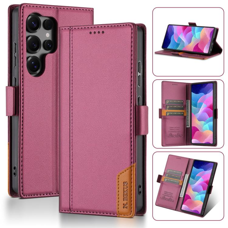 Funda de cuero con tapa magnética y costuras RFID para Samsung Galaxy S23 Ultra 5G N.BEKUS P3 (rojo vino)