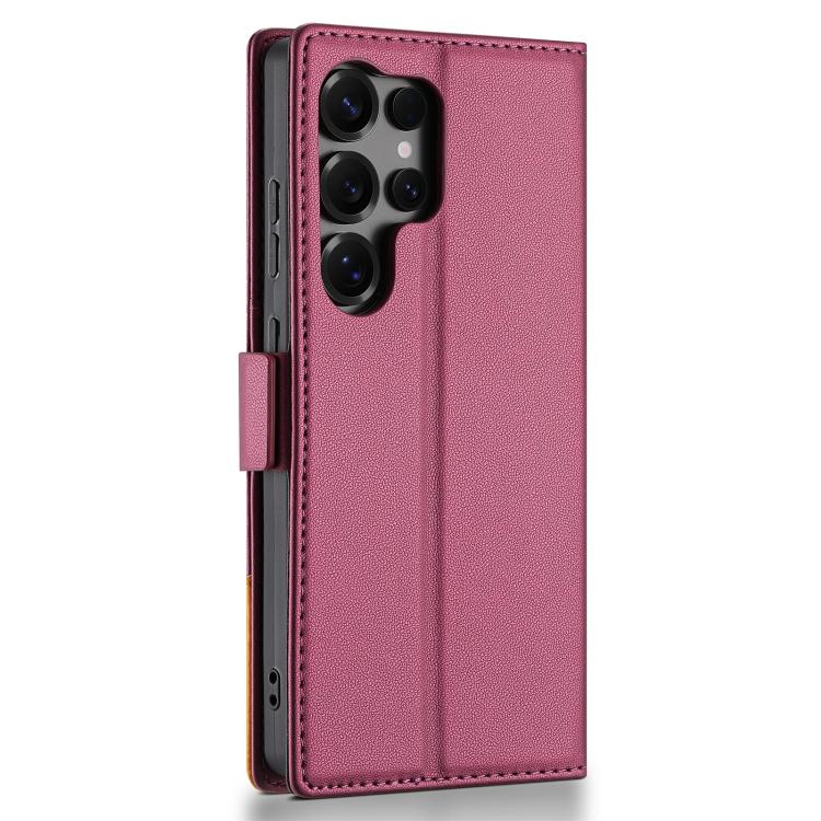 Funda de cuero con tapa magnética y costuras RFID para Samsung Galaxy S23 Ultra 5G N.BEKUS P3 (rojo vino)