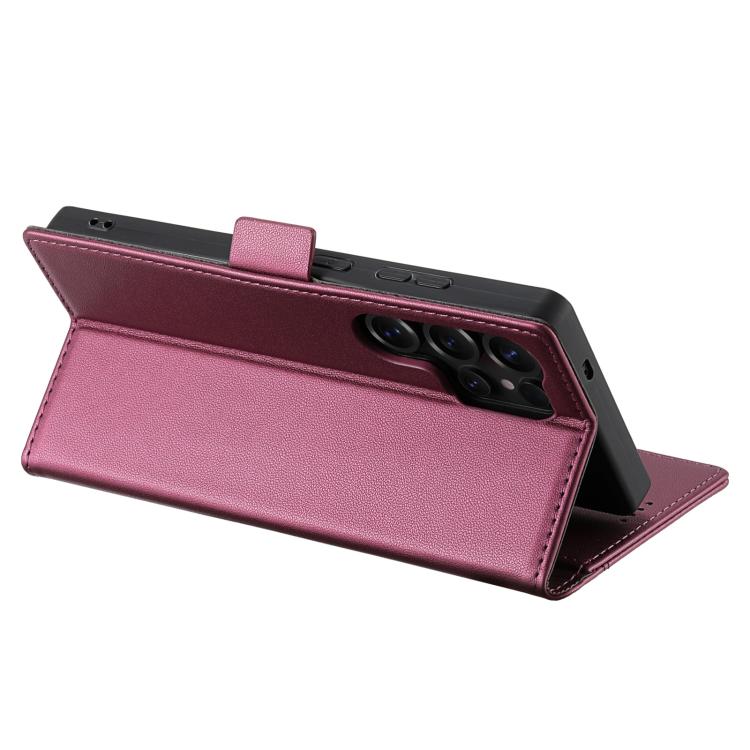 Funda de cuero con tapa magnética y costuras RFID para Samsung Galaxy S23 Ultra 5G N.BEKUS P3 (rojo vino)