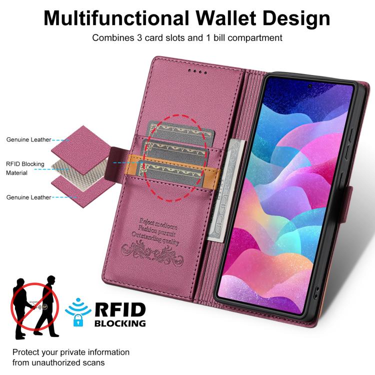Funda de cuero con tapa magnética y costuras RFID para Samsung Galaxy S23 Ultra 5G N.BEKUS P3 (rojo vino)