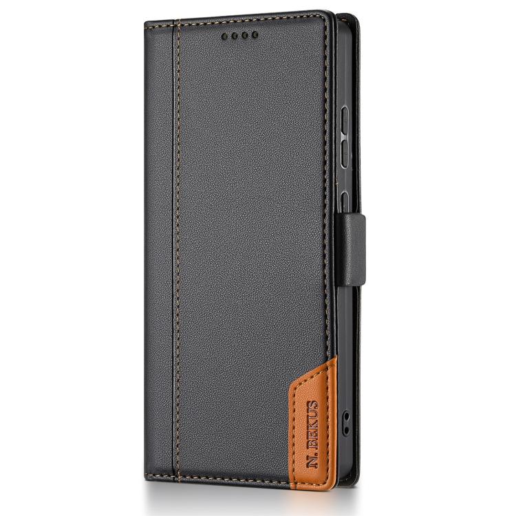 Funda de cuero con tapa magnética y costuras RFID para Samsung Galaxy S22 Ultra 5G N.BEKUS P3 (negro)