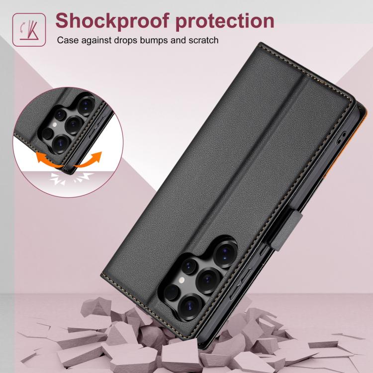Funda de cuero con tapa magnética y costuras RFID para Samsung Galaxy S22 Ultra 5G N.BEKUS P3 (negro)