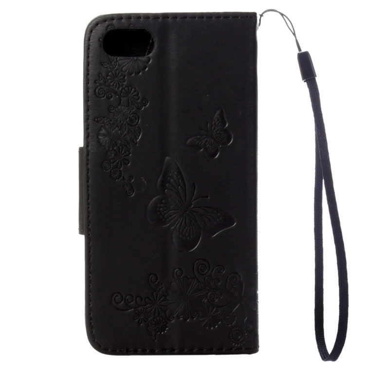 Funda de Cuero con Tapa Horizontal para iPhone 8 y 7 con Diseño de Mariposa y Flores Prensadas Soporte Ranuras Tarjetas Billetera (Negro)