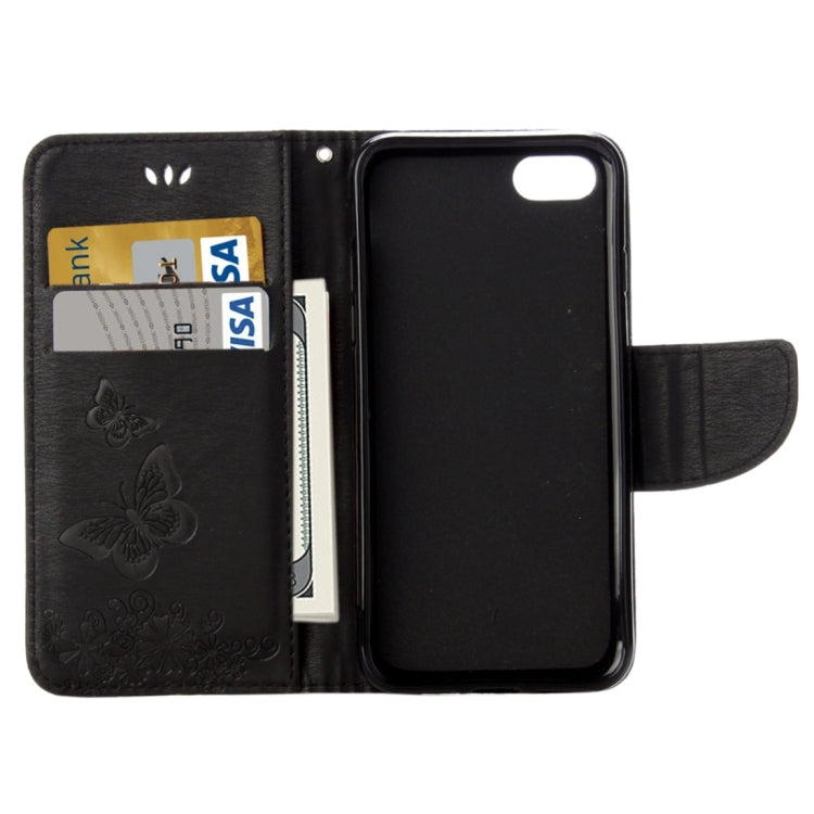 Funda de Cuero con Tapa Horizontal para iPhone 8 y 7 con Diseño de Mariposa y Flores Prensadas Soporte Ranuras Tarjetas Billetera (Negro)