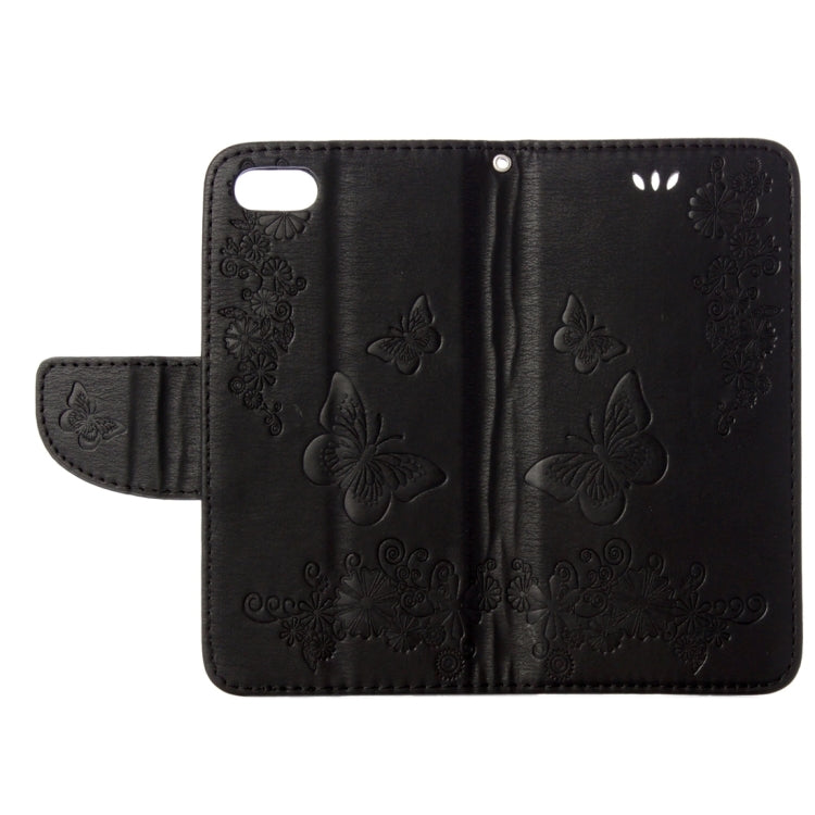 Funda de Cuero con Tapa Horizontal para iPhone 8 y 7 con Diseño de Mariposa y Flores Prensadas Soporte Ranuras Tarjetas Billetera (Negro)