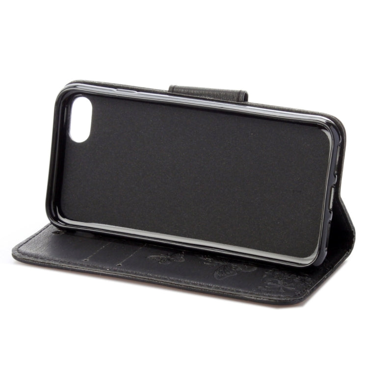 Funda de Cuero con Tapa Horizontal para iPhone 8 y 7 con Diseño de Mariposa y Flores Prensadas Soporte Ranuras Tarjetas Billetera (Negro)