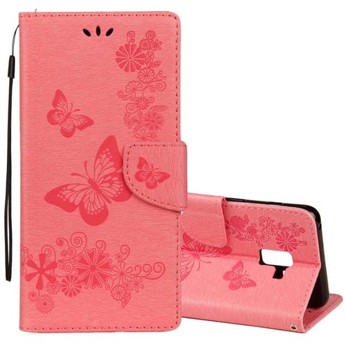 Para Galaxy A8 (2018) Funda de cuero con tapa horizontal con diseño de mariposa floral en relieve vintage con ranura para tarjeta, soporte, billetera y cordón (rosa)