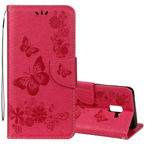Para Galaxy A8 (2018) Funda de cuero con tapa horizontal con diseño de mariposa floral en relieve vintage con ranura para tarjeta, soporte, billetera y cordón (rojo)