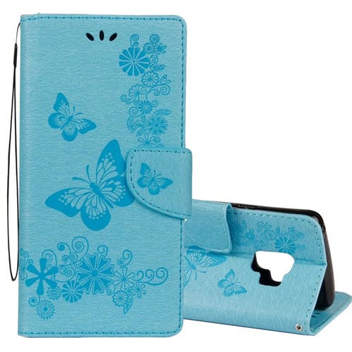 Para Galaxy S9 Funda de cuero con tapa horizontal con diseño de mariposa floral en relieve vintage con ranura para tarjeta, soporte, billetera y cordón (azul)