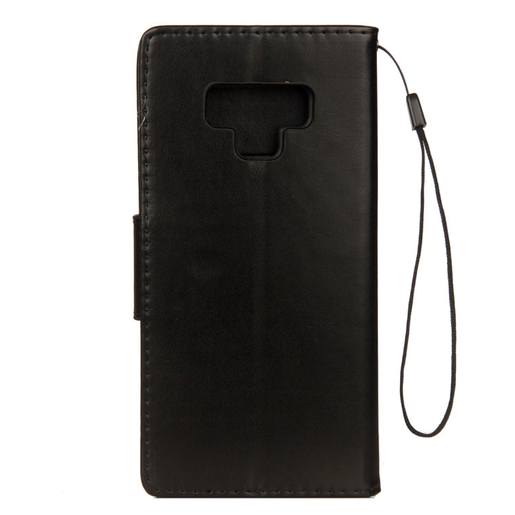 Estuche de cuero con tapa horizontal con patrón de mariposa en relieve con ranura para tarjeta, soporte, billetera y cordón para Galaxy Note9 (negro)