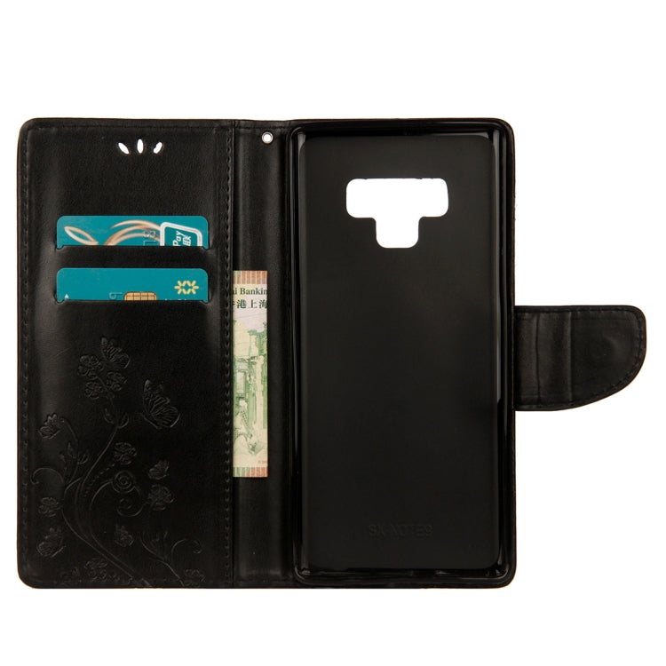 Estuche de cuero con tapa horizontal con patrón de mariposa en relieve con ranura para tarjeta, soporte, billetera y cordón para Galaxy Note9 (negro)