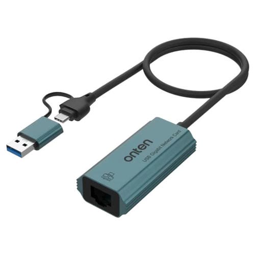 Tarjeta de Red Gigabit USB 3.0 Onten UE101 2 en 1 con Puerto de Red USB-C y Concentrador USB (Azul)