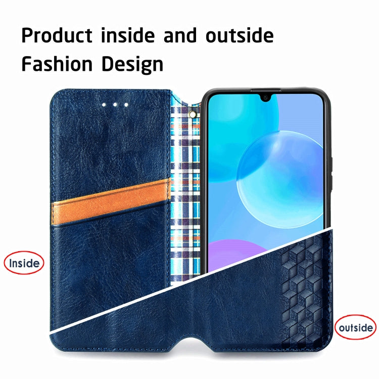 Para Huawei Honor 30 Lite Estuche de cuero PU magnético con rejilla cúbica presionada horizontal con soporte, ranuras para tarjetas y billetera (azul)