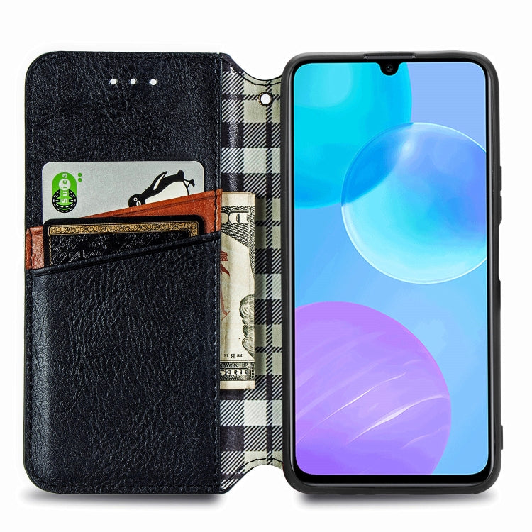 Para Huawei Honor 30 Lite Estuche de cuero sintético magnético con rejilla cúbica presionada horizontalmente con soporte, ranuras para tarjetas y billetera (negro)