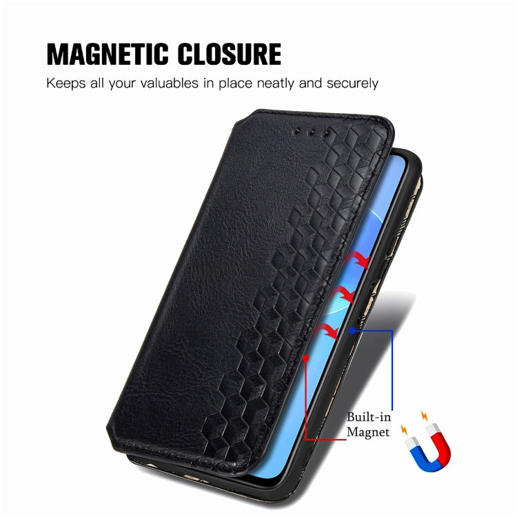 Para Huawei Honor 30 Lite Estuche de cuero sintético magnético con rejilla cúbica presionada horizontalmente con soporte, ranuras para tarjetas y billetera (negro)