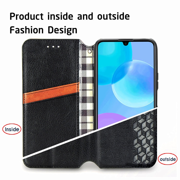 Para Huawei Honor 30 Lite Estuche de cuero sintético magnético con rejilla cúbica presionada horizontalmente con soporte, ranuras para tarjetas y billetera (negro)
