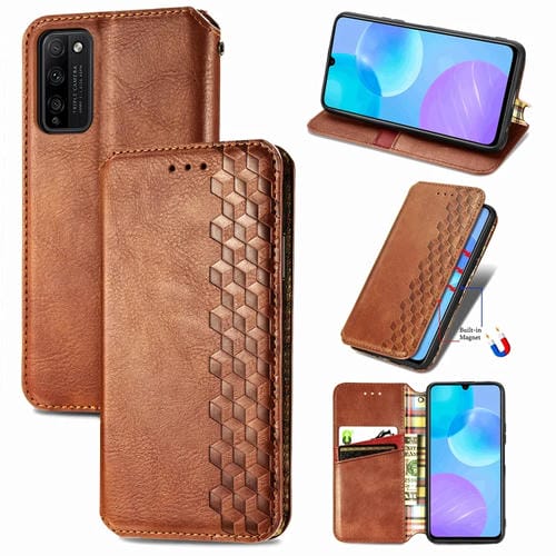 Para Huawei Honor 30 Lite Estuche de cuero PU magnético con rejilla cúbica presionada horizontalmente con soporte, ranuras para tarjetas y billetera (marrón)