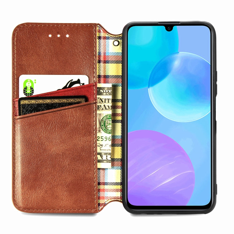 Para Huawei Honor 30 Lite Estuche de cuero PU magnético con rejilla cúbica presionada horizontalmente con soporte, ranuras para tarjetas y billetera (marrón)