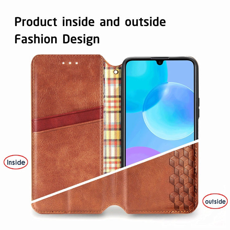 Para Huawei Honor 30 Lite Estuche de cuero PU magnético con rejilla cúbica presionada horizontalmente con soporte, ranuras para tarjetas y billetera (marrón)