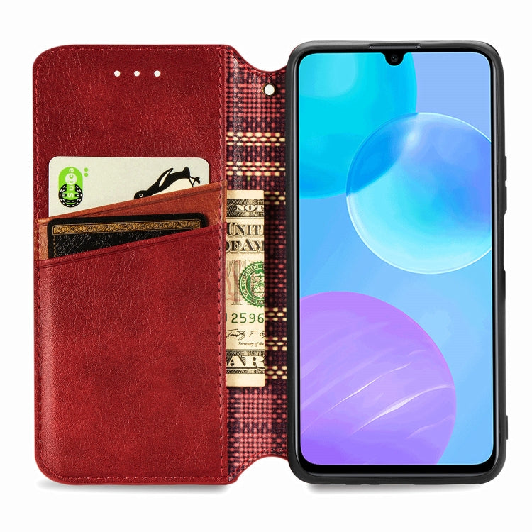 Para Huawei Honor 30 Lite Estuche de cuero de PU magnético con rejilla cúbica presionada horizontal con soporte y ranuras para tarjetas y billetera (rojo)