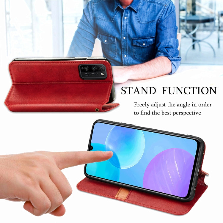 Para Huawei Honor 30 Lite Estuche de cuero de PU magnético con rejilla cúbica presionada horizontal con soporte y ranuras para tarjetas y billetera (rojo)