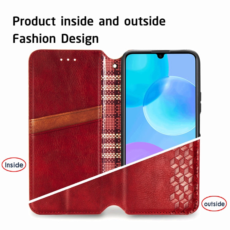 Para Huawei Honor 30 Lite Estuche de cuero de PU magnético con rejilla cúbica presionada horizontal con soporte y ranuras para tarjetas y billetera (rojo)