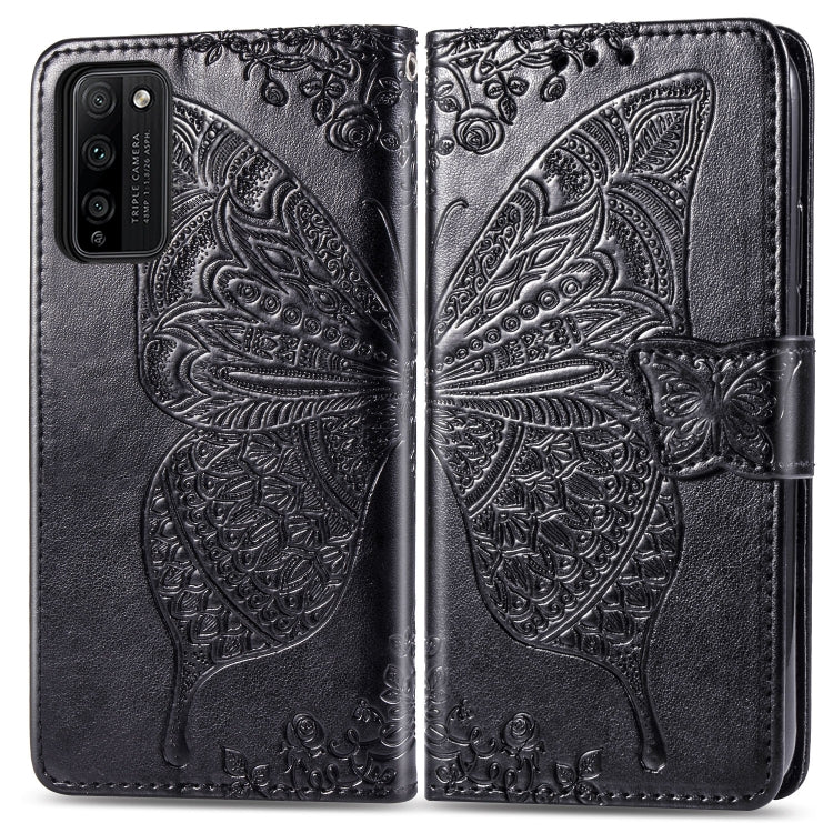 Para Huawei Honor 30 Lite Butterfly Love Flower Funda de cuero con tapa horizontal en relieve con soporte, ranuras para tarjetas, billetera y cordón (negro)