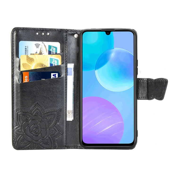 Para Huawei Honor 30 Lite Butterfly Love Flower Funda de cuero con tapa horizontal en relieve con soporte, ranuras para tarjetas, billetera y cordón (negro)