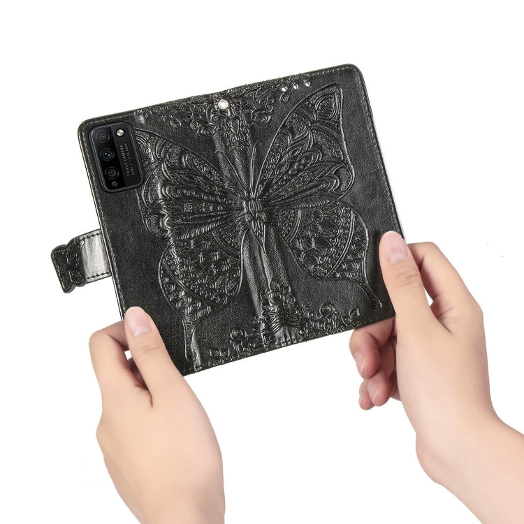 Para Huawei Honor 30 Lite Butterfly Love Flower Funda de cuero con tapa horizontal en relieve con soporte, ranuras para tarjetas, billetera y cordón (negro)
