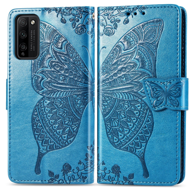 Para Huawei Honor 30 Lite Butterfly Love Flower Funda de cuero con tapa horizontal en relieve con soporte, ranuras para tarjetas, billetera y cordón (azul)