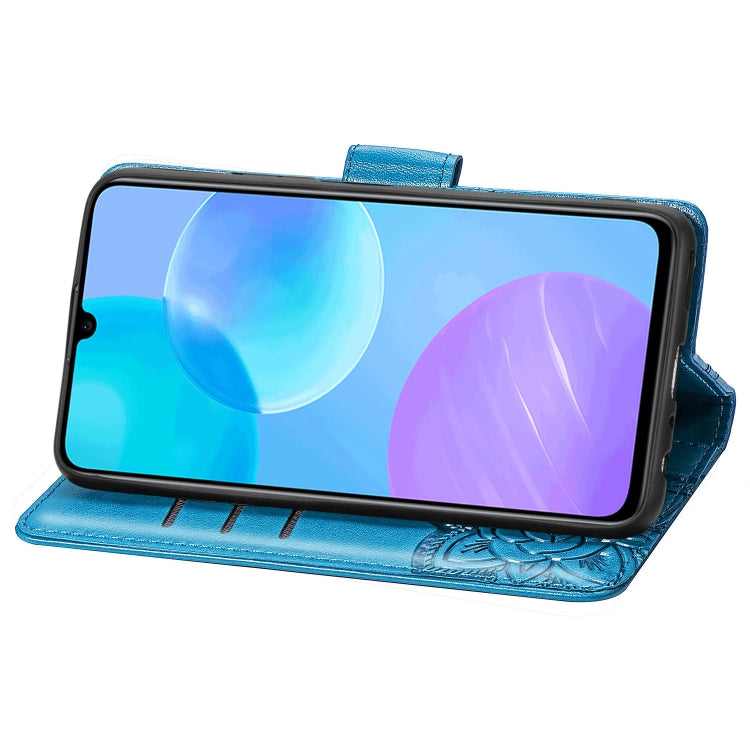Para Huawei Honor 30 Lite Butterfly Love Flower Funda de cuero con tapa horizontal en relieve con soporte, ranuras para tarjetas, billetera y cordón (azul)