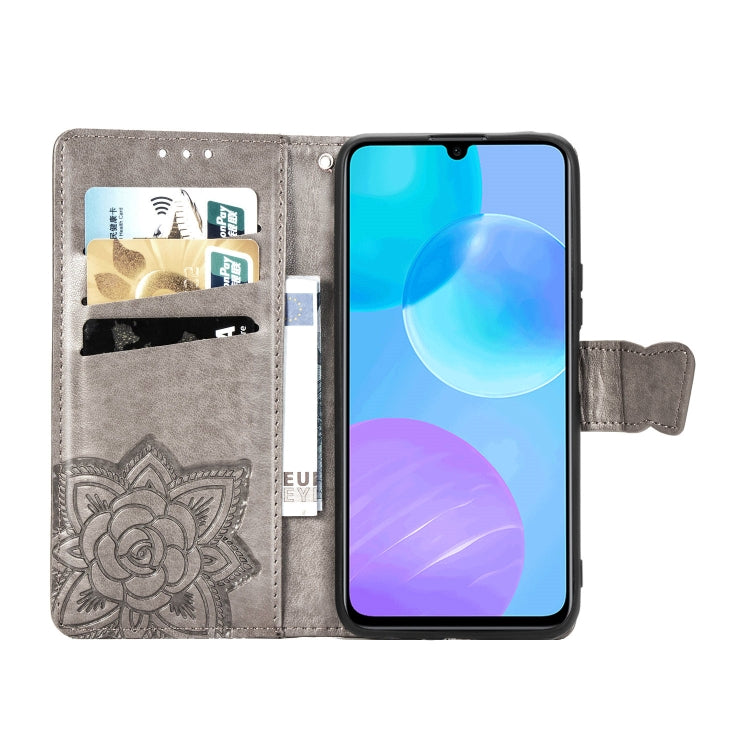 Para Huawei Honor 30 Lite Butterfly Love Flower Funda de cuero con tapa horizontal en relieve con soporte, ranuras para tarjetas, billetera y cordón (gris)