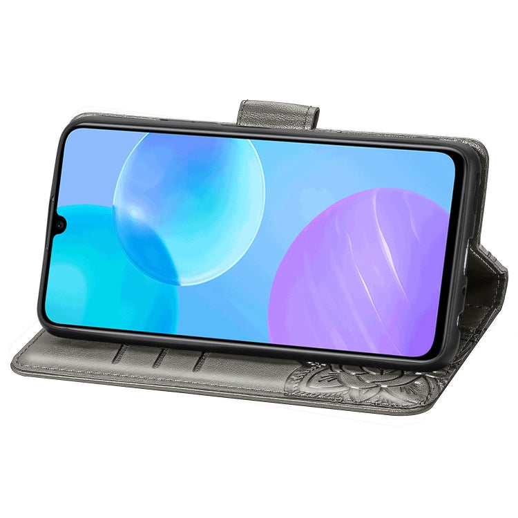 Para Huawei Honor 30 Lite Butterfly Love Flower Funda de cuero con tapa horizontal en relieve con soporte, ranuras para tarjetas, billetera y cordón (gris)