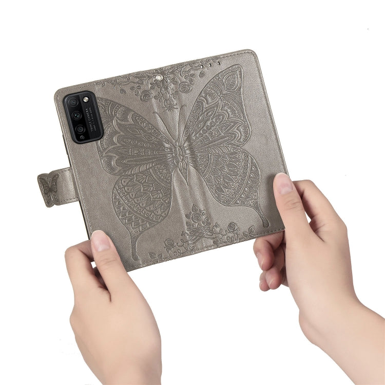 Para Huawei Honor 30 Lite Butterfly Love Flower Funda de cuero con tapa horizontal en relieve con soporte, ranuras para tarjetas, billetera y cordón (gris)