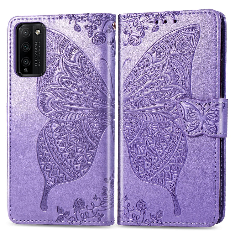 Para Huawei Honor 30 Lite Butterfly Love Flower Funda de cuero con tapa horizontal en relieve con soporte, ranuras para tarjetas, billetera y cordón (morado claro)